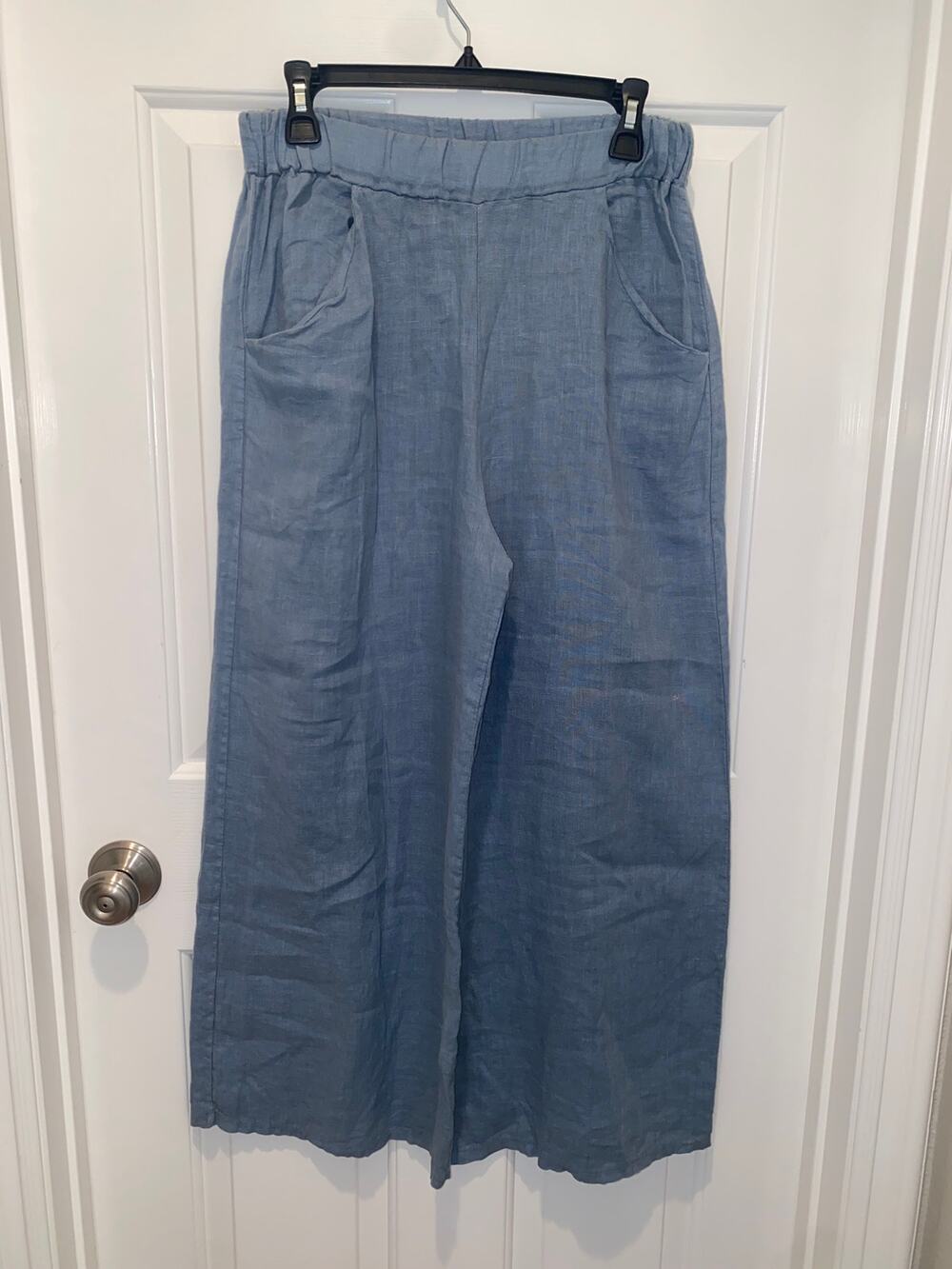 SAGA Linen Wide Leg Pants Blue Lagenlook  Ankle Pull On Elastic Waist One Size